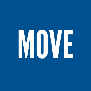 the word move in white on a blue background