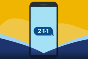 Image of a smart phone with 211 logo on the screen. Yellow and blue background