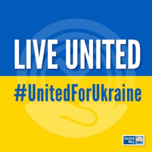 Background is the blue and yellow of the Ukrainian Flag. White words ont he blue say "Live United" Blue words on yellow say "hashtag United for Ukraine"