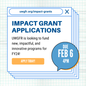Square web browser image with "Impact Grant Applications" written on it with blue text.