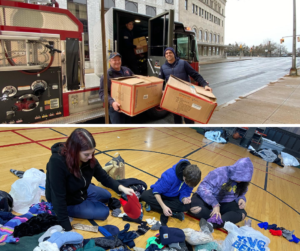 Top photo is two male-presenting fire fighters, outside of their truck, dropping off boxes of coats. The bottom photo is 3 teenagers sitting on a wooden gymnasium floor, sorting mittens, hats, and scarves.