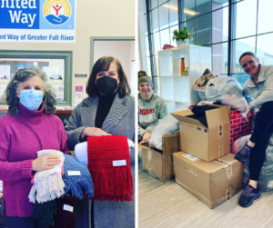 The photo on the right is two women in winter coats wearing COVID-19 face masks, holding 3 hand-knit scarves. The photo on the right is two women in athletic clothes sitting on and around boxes and trash bags of donated coats.