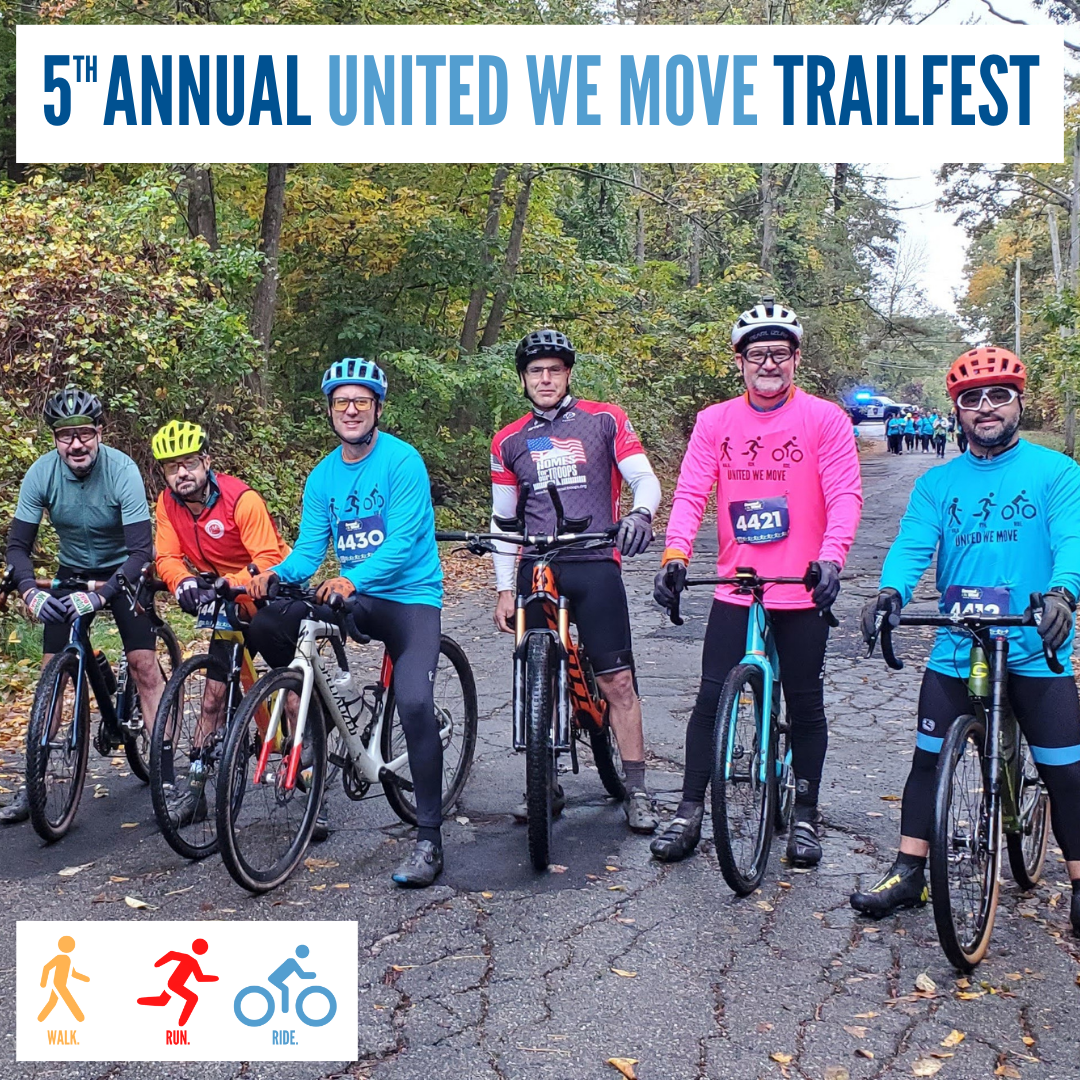 United We Move Trailfest cyclists with the event name and logo overlayed 